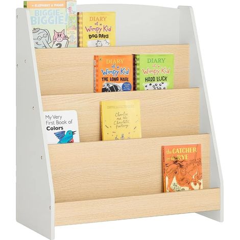 Librería infantil, material MDF P2, 61 cm x 30 cm x 71 cm, cuatro compartimentos abiertos, capacidad de carga de 3 kg por estante, esquinas redondeadas para mayor seguridad. (1/5)