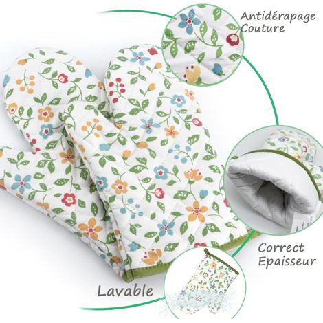 Guanti da forno resistenti al calore, guanti da cucina, guanti da forno per la protezione dal calore (da -92°C a +200°C) - Un paio - 28 18 cm (fiore verde) (1/4)