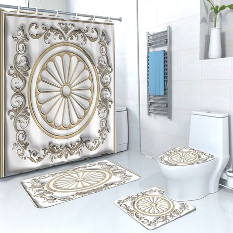 Ensemble de salle de bain avec rideau de douche imprimé, quatre pièces, rideau de douche simple en polyester imperméable (1/2)