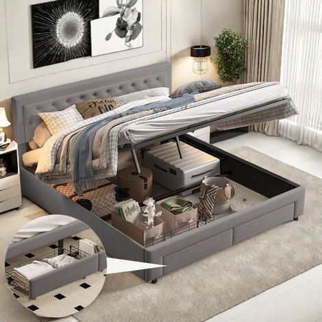 Bettgestell 160x200 cm - TANANT - Grauer Velours - 2 Schubladen - Praktischer Stauraum - Modernes Design