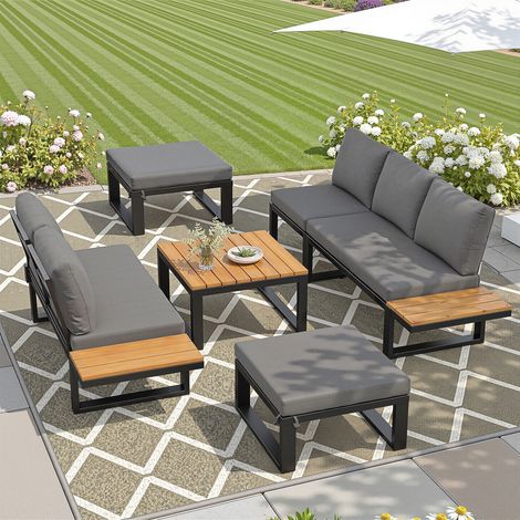 Salon de jardin 6 pièces avec canapé angle,table basse ,poufs ,dossier réglable,coussins Métal Gris (1/5)
