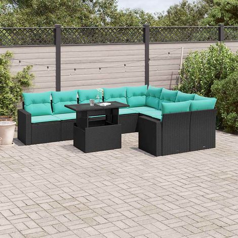 10-teiliges Gartensofa-Set mit Kissen, schwarzes Polyrattan (1/5)