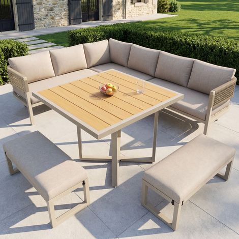 Ensemble de salon de jardin pour 8 à 10 personnes,canapé de jardin avec grande table à manger en bois plastique,cordelette,pieds réglables,beige