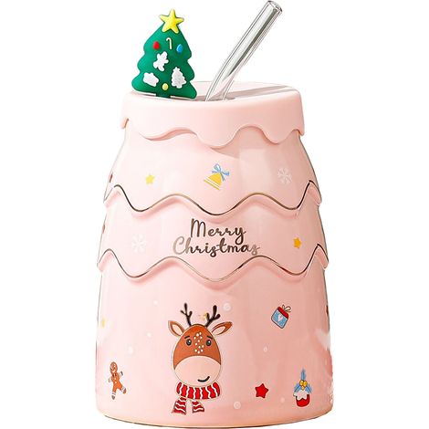 Rosa Kaffeetasse in Form eines Weihnachtsbaums, multifunktionale Keramiktasse in Form eines Weihnachtsbaums für Küche und Büro (1/2)