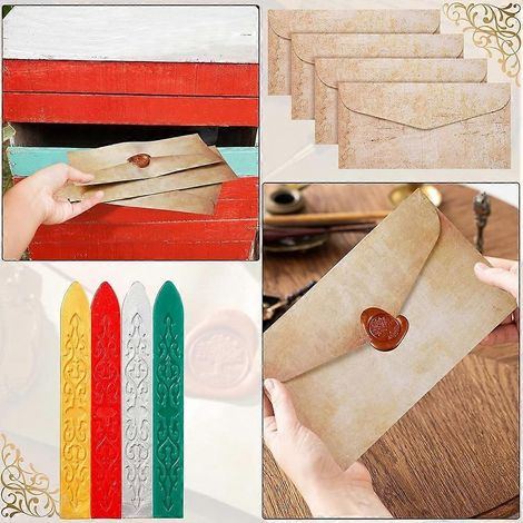 Ce coffret de papeterie vintage de 42 pièces, scellé à la cire, comprend des lettres en papier, des enveloppes, des timbres, du papier à lettres, des bâtonnets de cire pour enveloppes, de la cire à th (1/5)