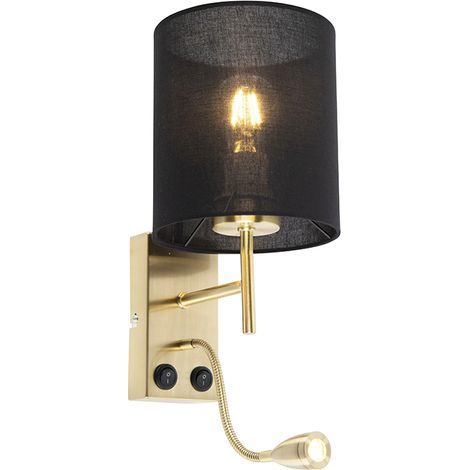 Qazqa – Applique murale Art déco noire – Abat-jour en coton noir – Liseuse LED 100 lumens – Hauteur 47 cm – Pour chambre (1/5)
