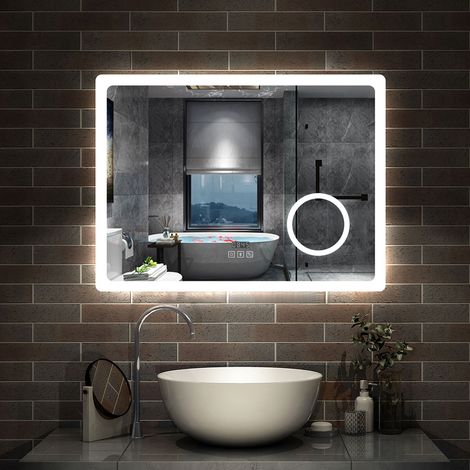 80 x 60 cm  Espejo Rectangular de Baño con Luz Led. Con Película Antivaho [Clasificación IP44] , Función Memoria Agapada,  Brillo Ajustable. Espejo de pared,，Bluetooth, Lupa 3x，Reloj Electrónico Incor (1/5)
