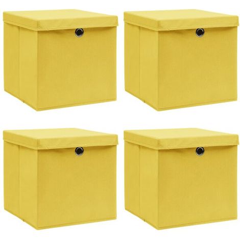 Boîte de rangement et couvercle, ensemble de 4 pièces, jaune, 32x32x32 cm, tissu. (1/5)