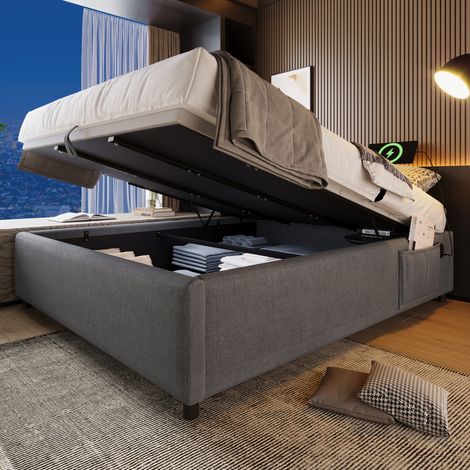 Cama matrimoniales 140x200 cm gran espacio de almacenamiento puertos USB-C integrados tejido lino color gris (Sin colchón) (1/5)