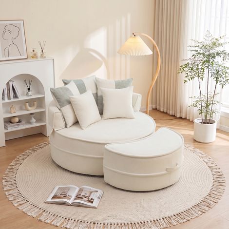 Canapé rond avec 5 coussins et pouf, canapé confortable pour salon et chambre, Beige (1/5)
