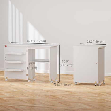 Meuble de machine à coudre blanc avec étagère de rangement, roulettes verrouillables et bacs - Table de couture pliante pour petits espaces