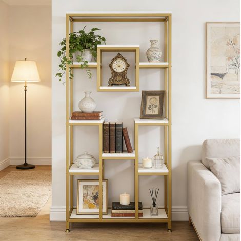 Librería 101x44x19 cm, 11 estantes abiertos, diseño geométrico con cubo central, metal y madera, dorado y blanco (1/5)