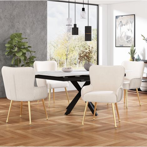 Set di 4 sedie da pranzo in velluto beige con braccioli e gambe dorate DESVIAE (1/5)