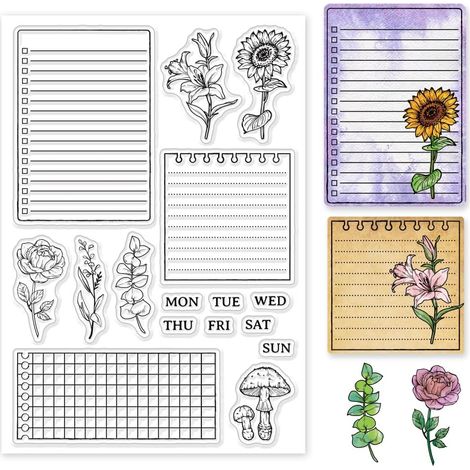 Notes de plantes - Tampons transparents pour scrapbooking DIY - 6,3 x 4,3 pouces - Tampon cadre d'étiquette - Tournesol - Date - Tampon en silicone transparent - Lis Champignon - Pour la (1/5)
