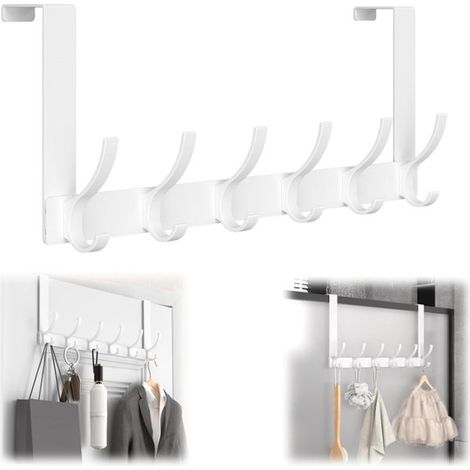 Porte-manteau mural en acier 39,5 x 18 cm - range-serviettes à 6 crochets doubles sans perçage, blanc (1/5)