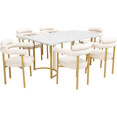 Conjunto de mesa de comedor de 7 piezas con 6 sillas tapizadas beige y patas metálicas doradas (1/5)