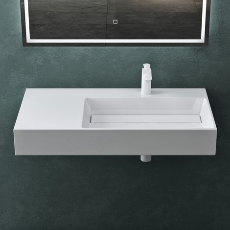 Mai & Mai Waschbecken Aufsatzwaschbecken Hängewaschbecken Col12-Rechts 90x48x13cm in weiß aus Mineralguss ohne Überlauf