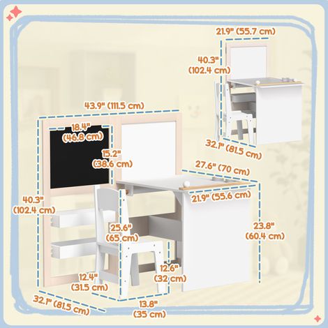 Ensemble table et chaises 3 en 1 blanc pour enfants avec chevalet pliable, étagères de rangement et rouleau de papier - Centre d'activités pour enfants (1/5)