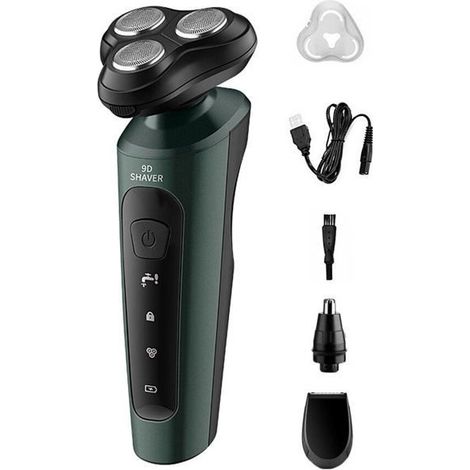 Rasoir électrique homme 4D 5 têtes – Tondeuse barbe, nez – Rechargeable – Vert – Crâne chauve (1/5)