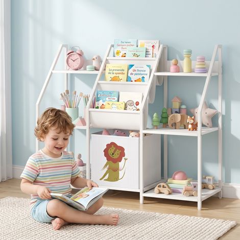 Bibliothèque pour Enfants à 3 Niveaux, Étagère à Livres pour Enfants avec Tiroir en Tissu, 93 x 30 x 76 cm, Blanc (1/5)