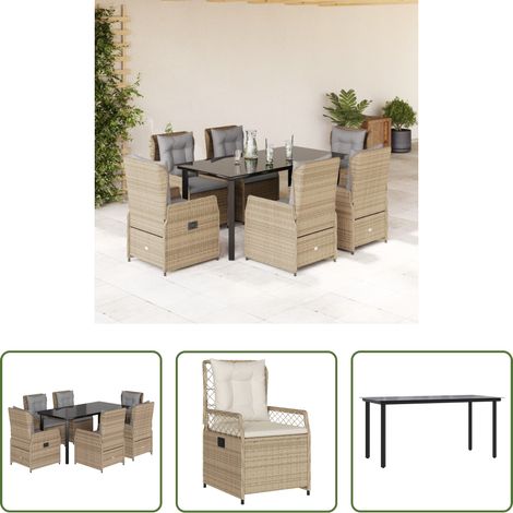 Gartenstuhl - 7-tlg. Garten-Essgruppe mit Kissen Beige Poly Rattan (1/5)