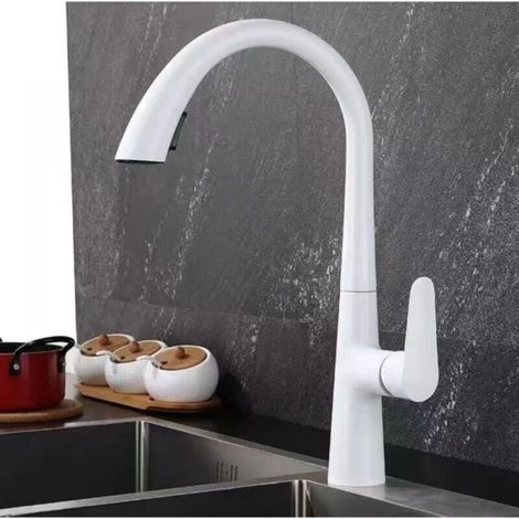Küchenmischbatterie mit Sprüher, Küchenarmatur aus Messing, 360° schwenkbare Spültischarmatur, verstellbare Warm- und Kaltwasser-Spültischarmatur, Küchenspüle, Wasser, Weiß