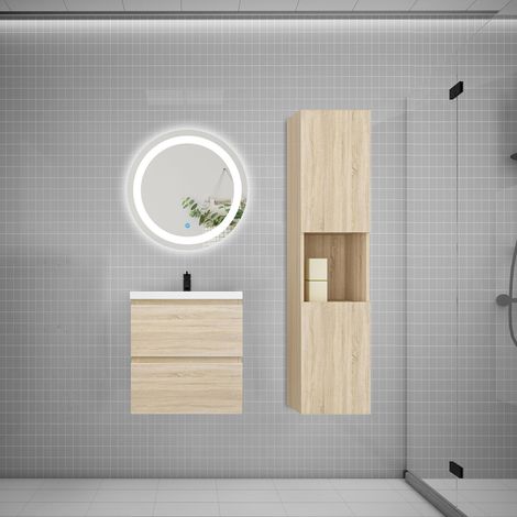 AICA Ensemble meuble vasque L.50cm 2 tiroirs + lavabo + LED miroir rond 60cm + colonne,chêne,easy (1/5)