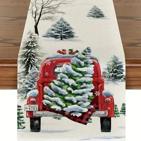 33 x 275 cm, Nappe avec motif arbre de Noël de voiture, décoration d'armoire de table de Noël, intérieures et extérieures de Noël (1/5)
