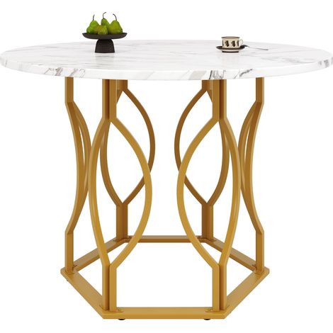 Mesa de Comedor Redonda para 4 Personas en MDF y Metal con Motivo Marmoleado, Patas Ajustables - 100×100×76 cm, Dorado y Blanco (1/5)