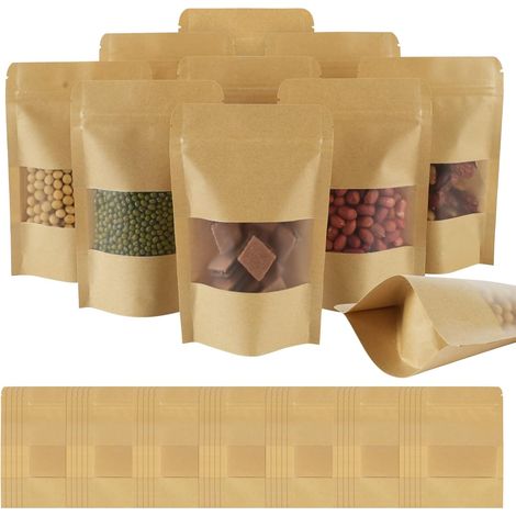 42PCS Sachet Kraft Alimentaire, Sac Paper Kraft avec Fenetre,10x15cm Réutilisable Sachet Craft, Standable Sachet Kraft Zip, Emballage Alimentaire pour Noix Grains, Café, Thé, Épices