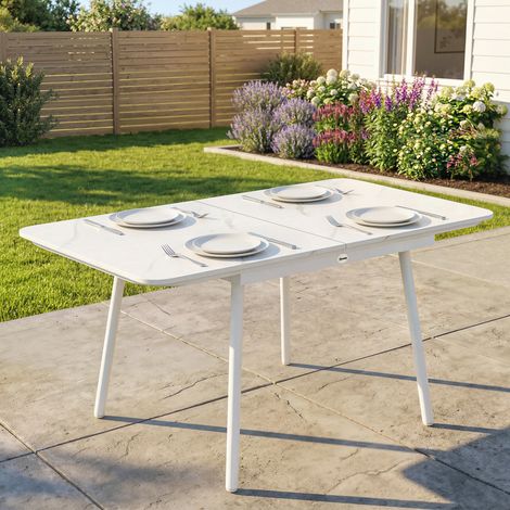 Table de jardin rectangulaire pour 4-6 personnes pieds réglables plateau en wpc et cadre en métal blanc 140x80x75cm design moderne (1/4)