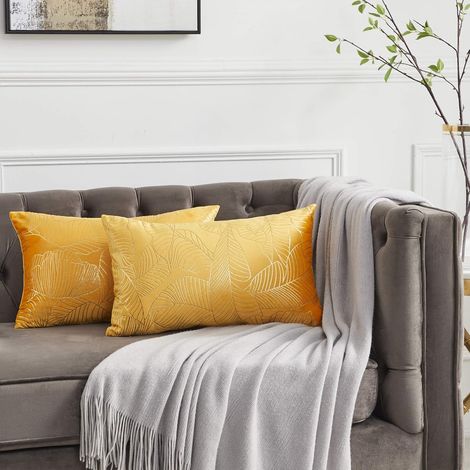 MINKUROW Fodere Per Cuscini 30x50 Cm Velluto Foglie D'oro Fodere Per Cuscini Gialli Fodere Per Cuscini Decorativi Cuscino Per Divano Camera Da Letto Soggiorno Set Di 2 (1/5)