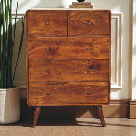 Commode en bois massif avec 2 portes et 3 portes, finition châtaignier courbé, pieds nordiques fins et minimalistes, couleur marron foncé (1/5)