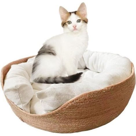 Cestino rotondo per gatti, cestino per gatti lavorato a mano, tiragraffi in corda di cotone, cuccia per gatti con velcro, nido accogliente per gatti, piatto, lavabile, pieghevole (1/4)