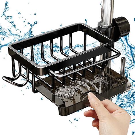 Soporte para grifo y esponja para lavar platos para fregadero de cocina (negro, izquierdo) (1/4)
