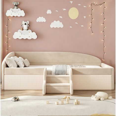 Etagenbett 90x190 cm beige de terciopelo con barandilla y escalones antideslizantes (1/5)