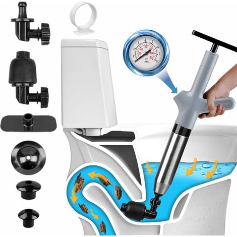 Déboucheur Canalisation Haute Pression, Déboucheur Wc Air Comprimé avec 4 Différentes Ventouses, Piston de Toilette pour Déboucher les Toilettes, Baignoire, Drain de sol, Lavabo (Noir) (1/5)