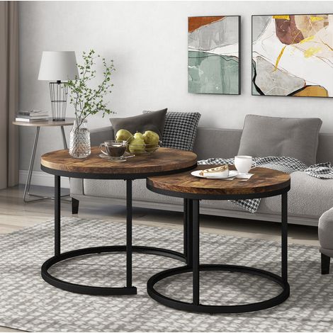 Table basse ronde 2 pièces marron – emboîtable, facile à monter (1/5)