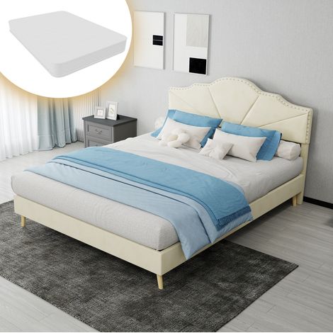 Letto imbottito 200x140x156 cm, testiera geometrica con chiodi decorativi, materasso incluso, tessuto e metallo, beige (1/5)