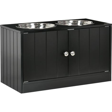 Gamelle et écuelle pour chien, station surélevée 2 bols inox, rangement 44L portes magnétiques noir (1/5)