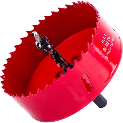 Scie cloche - 100 mm - Avec tige hexagonale et foret - Pour bois, placoplâtre, cloison sèche, plastique, scies cloche universelles HSS M42 bi-métal (100 mm) (1/5)