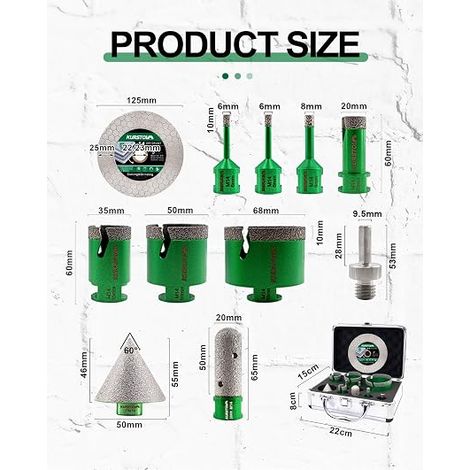 Diamond Tile Drill Bit Kit 6/6/8/20/35/50/68 mm Strawberry Chamfer Diamond Tile Disc Adapter Porcelain Ceramic Granite Marble (1/4)