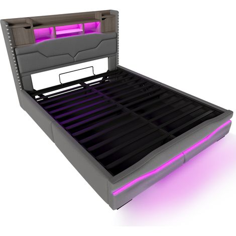CAIziLit rembourré 160x200, LED, USB-C, hydraulique, rangement, gris (1/5)