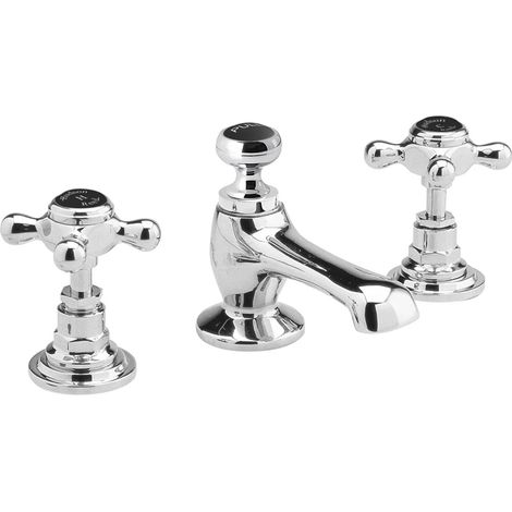 Hudson Reed Topaz Black Crosshead 3-Hole Basin Mixer Tap with Pop Up Waste Hexagonal Collar (1/3)