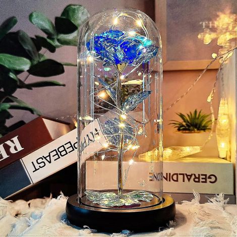 Rose La Belle et la Bête, rose éternelle en feuille d'or sous dôme de verre avec 20 lumières LED lumière chaude, rose galaxie artificielle, cadeau de fleur (bleu) (1/4)