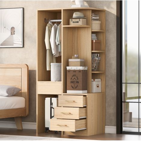 Offener Kleiderschrank mit Kleiderstange, Regalen und Schubladen 70 x 55 x 175 cm, Holzoptik (1/5)