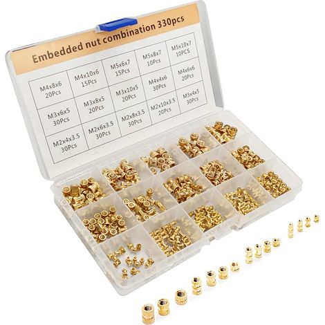 Assortiment 330 Écrous Filetés – M2 M3 M4 M5 Laiton Moleté pour Impression 3D