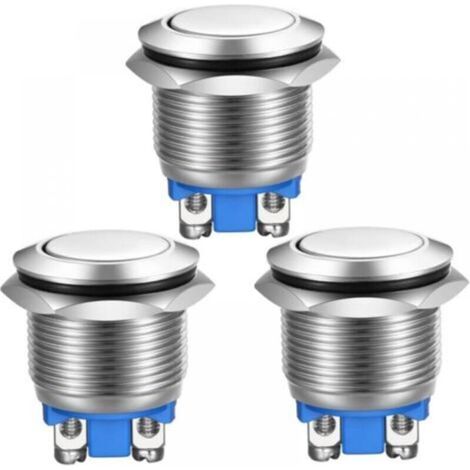 3 Stück Edelstahl-Druckknopf Momentaner Schraubanschluss Wasserdichter Knopf 19mm 2A 12V/24V/125V/250V (Flacher Kopf)