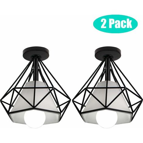 Lot de 2 plafonnier vintage ,2 luminaires style industriel,lustre Abat-Jour rétro forme diamant 20cm , éclairage intérieur, lampe cuisine salon salle à manger chambre, E27, Noir BLOW (1/4)