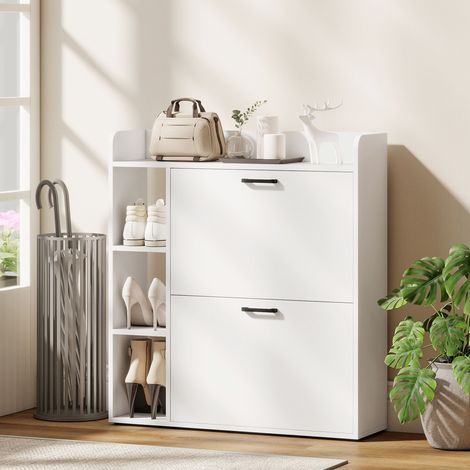 Platzsparendes, schmales Schuhregal mit 2 Klapptüren, 3 offenen Fächern, verstellbaren Einlegeböden, oberer Ablage, Platz für 15 Paar Schuhe, aus Holz mit Griff, 83 x 24 x 90,5 cm, Weiß
